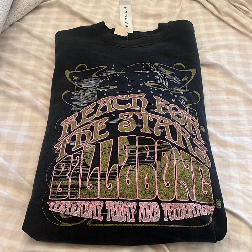 Billabong PacSun Black crew neck sweatshirt with pink and gold Celestial Design